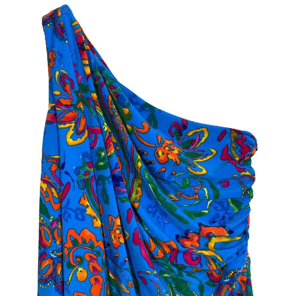 Lauren Ralph Lauren Blue Paisley Ruched One Shoulder Dress 2 Stretch Jersey - Picture 2 of 4